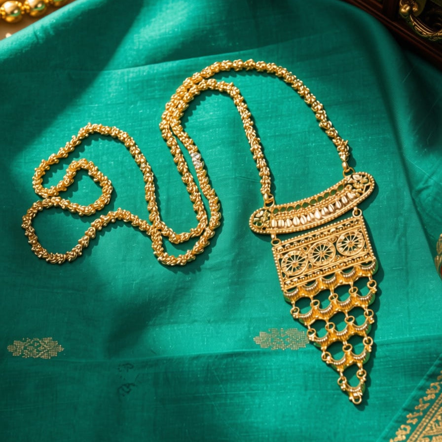 An ornate gold-toned traditional necklace with a detailed pendant, displayed on a rich teal green fabric with decorative props.