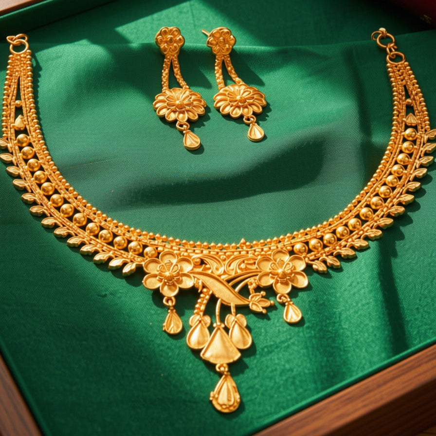 A gold-toned traditional necklace and matching drop earrings displayed on a green satin-lined jewelry box, with a red embroidered fabric and wooden surface in the background.