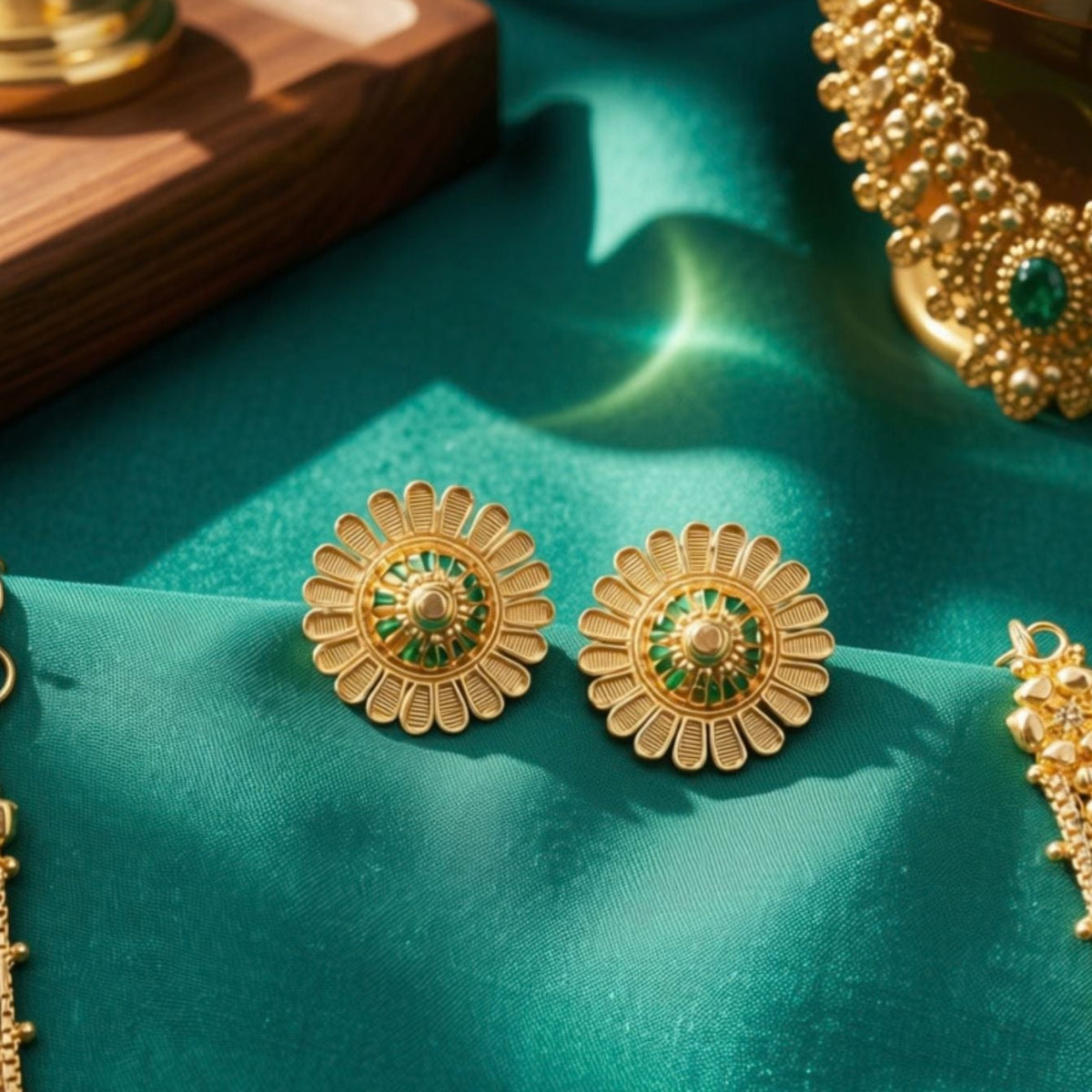 Gold-toned traditional jewelry displayed on a teal satin fabric, including a pair of flower-shaped earrings with green stone centers, a necklace, and other ornate gold pieces.