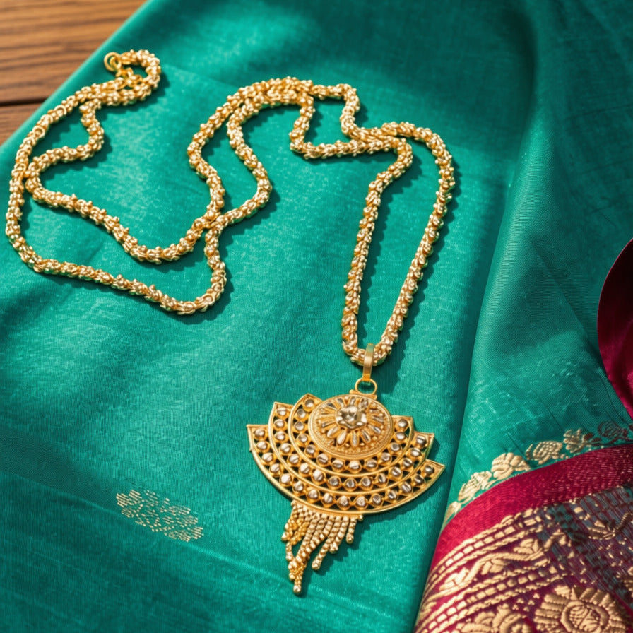 An ornate gold pendant necklace with a beaded chain, displayed on a teal green fabric with a gold and magenta border.
