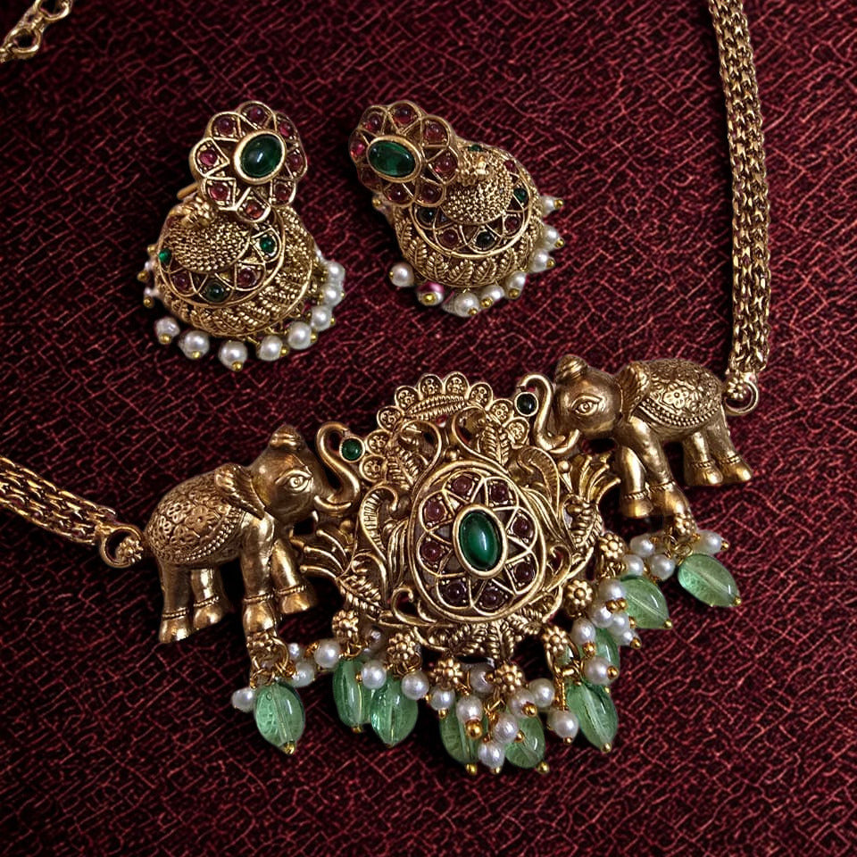 Temple Style Elephant Necklace Set | Traditional Indian Jewelry