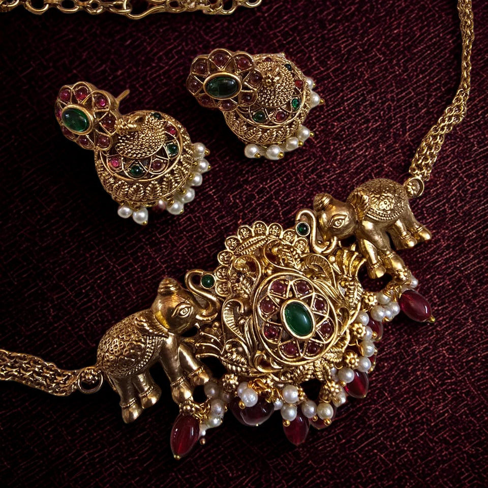 Temple Style Elephant Necklace Set | Traditional Indian Jewelry