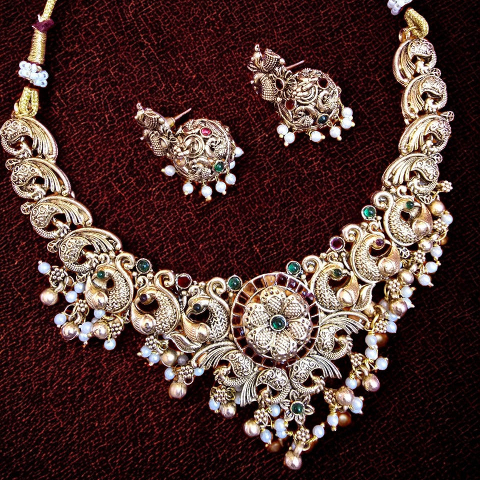 Temple Style Peacock Floral Necklace Set