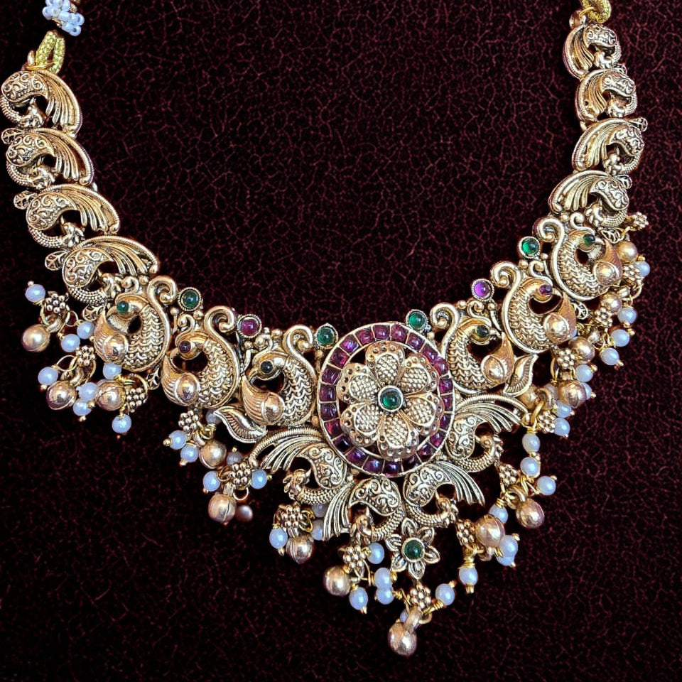 Temple Style Peacock Floral Necklace Set