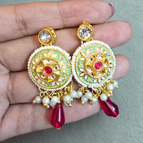 Mint enamel kundan necklace set with pearl chains and ruby drop pendant with matching earrings