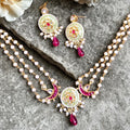 Mint enamel kundan necklace set with pearl chains and ruby drop pendant with matching earrings