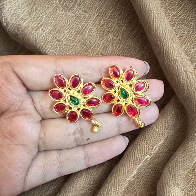 Antique ruby temple necklace set with green pendant and pearl drops with matching floral earrings