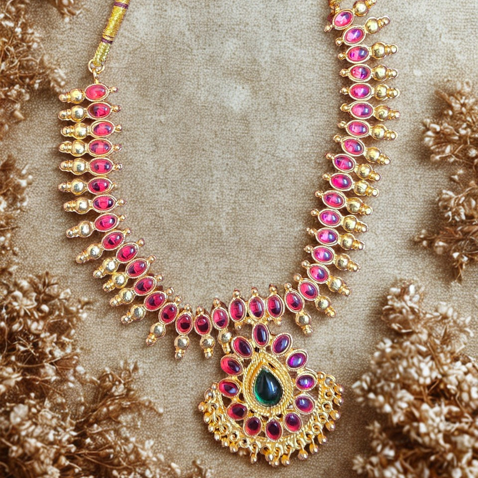 Antique ruby temple necklace set with green pendant and pearl drops with matching floral earrings