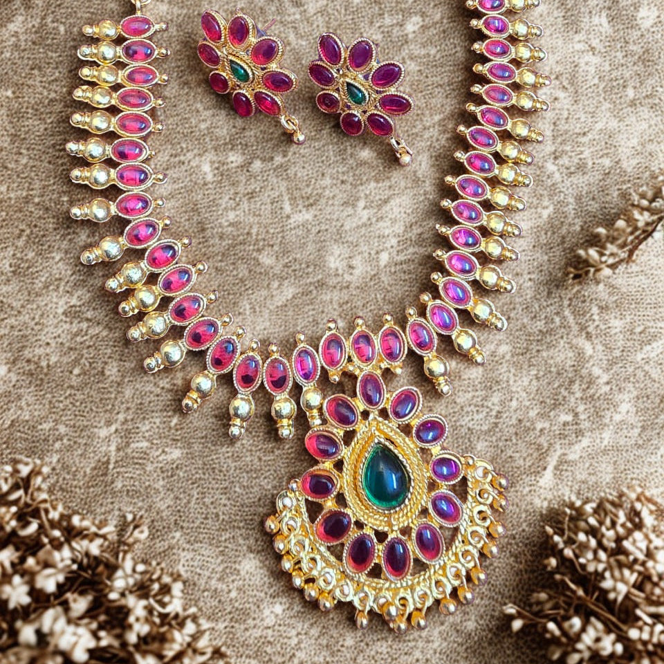 Antique ruby temple necklace set with green pendant and pearl drops with matching floral earrings