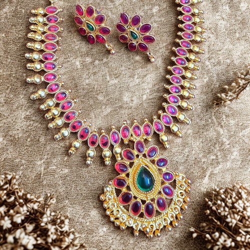 Antique ruby temple necklace set with green pendant and pearl drops with matching floral earrings