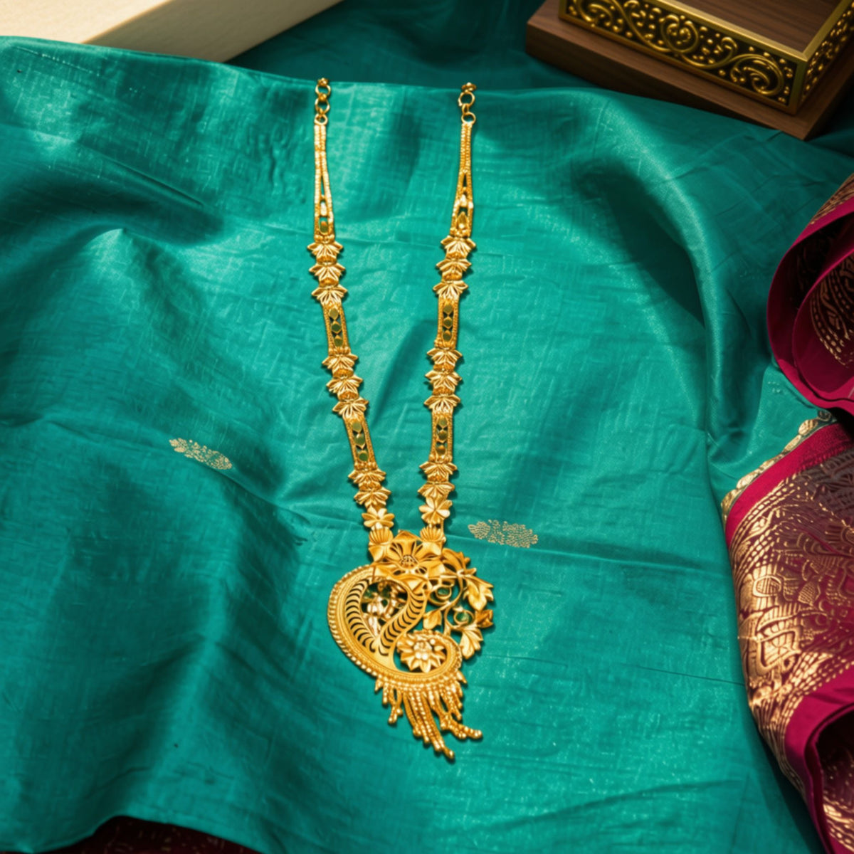 An ornate gold necklace with a large paisley pendant is displayed on draped teal fabric, with a portion of a magenta and gold patterned textile visible on the right side.