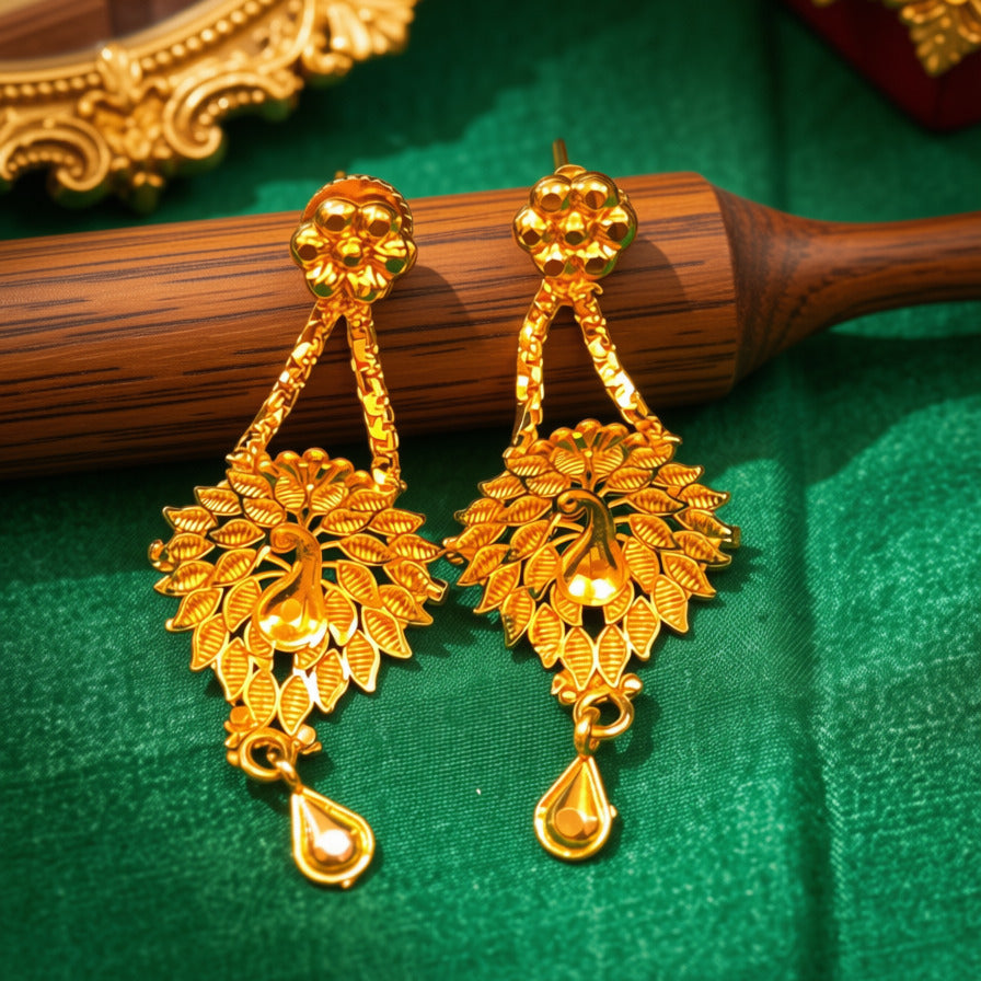A pair of ornate gold-toned dangle earrings with intricate floral and leaf motifs and teardrop pendants, displayed on a green velvet surface with a wooden rod behind them.