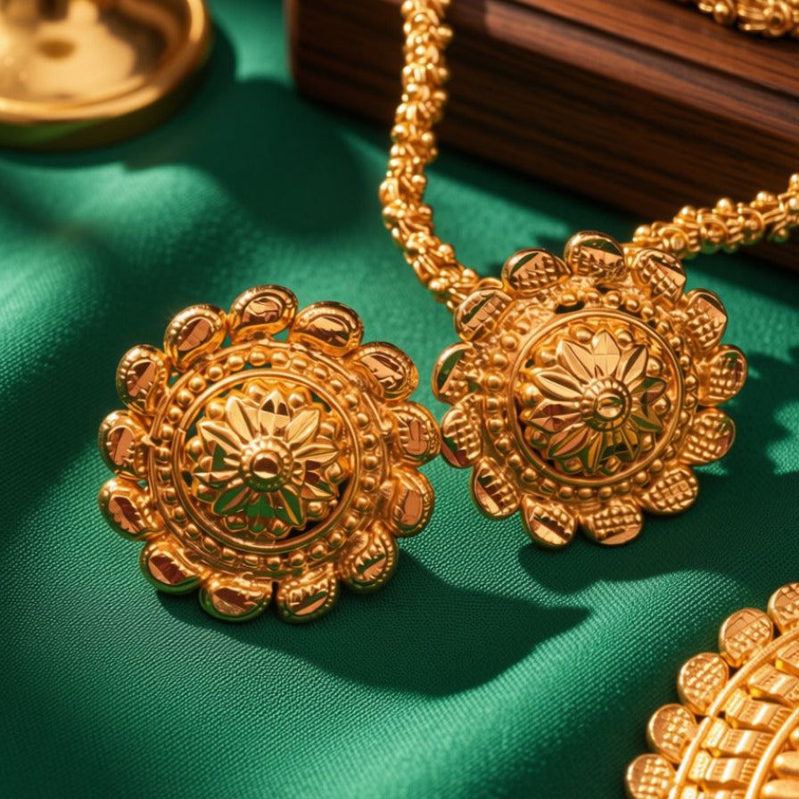 Two ornate gold pendant necklaces with intricate floral and geometric patterns, displayed on a rich green satin fabric alongside a wooden box and a brass object.