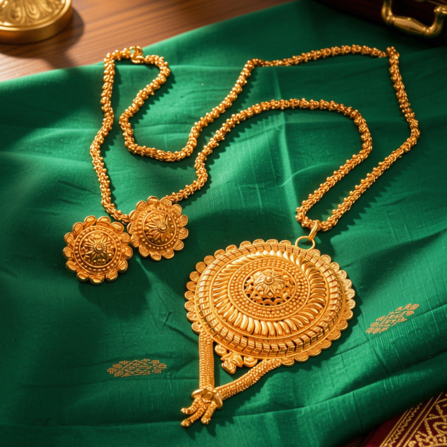 An ornate gold jewelry set displayed on a rich green silk fabric, featuring a large circular pendant necklace, a matching chain necklace, and two small circular pendant pieces.
