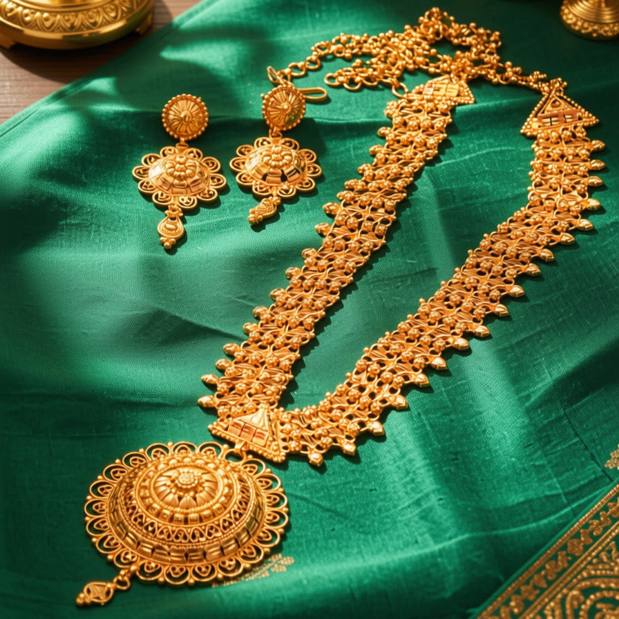 An ornate gold jewelry set arranged on a rich green satin fabric, featuring a detailed necklace with a large circular pendant, matching drop earrings, and a chain, styled with decorative golden objects in the background.