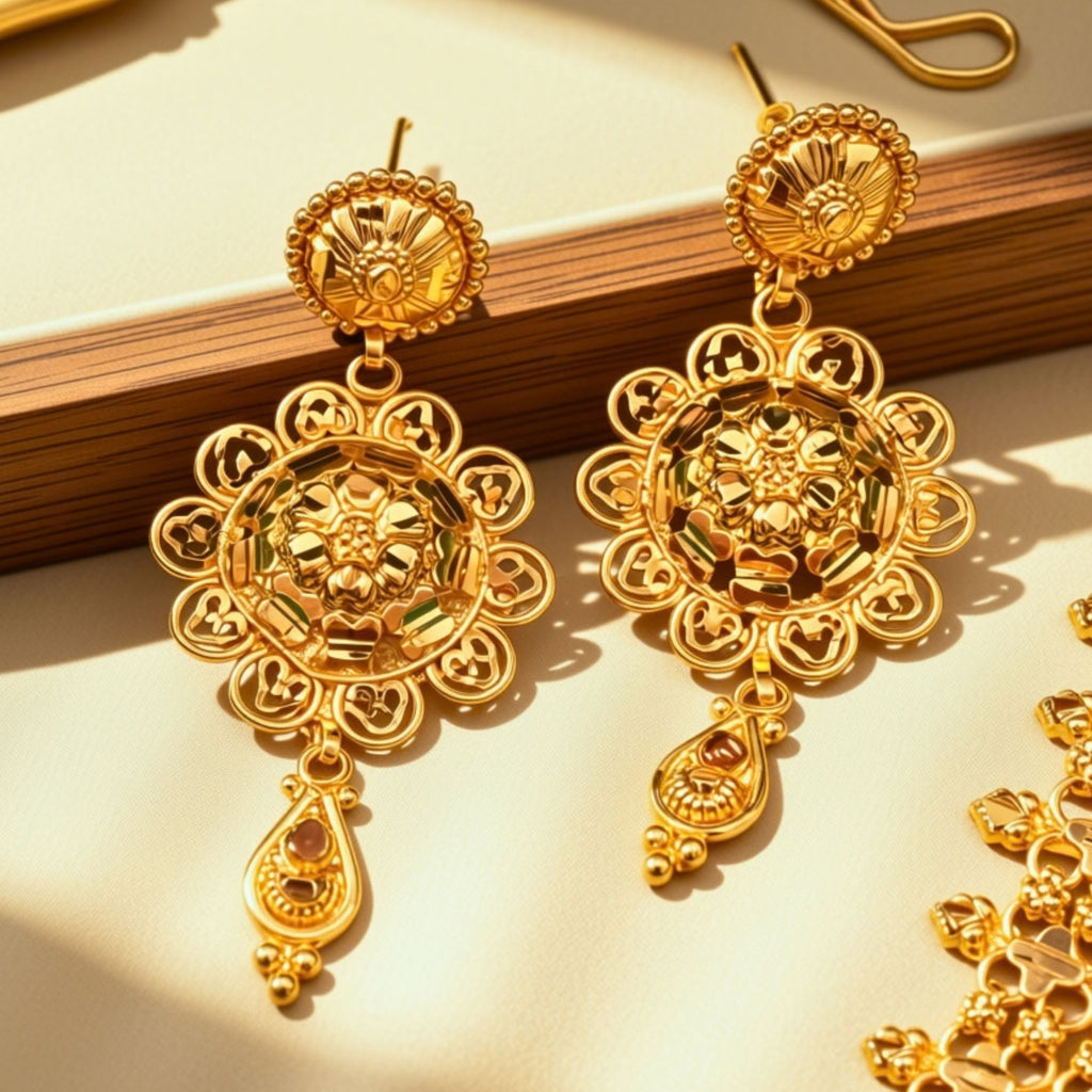 A pair of ornate gold dangle earrings with intricate filigree detailing and teardrop pendants, displayed on a light beige surface with warm sunlight shadows.