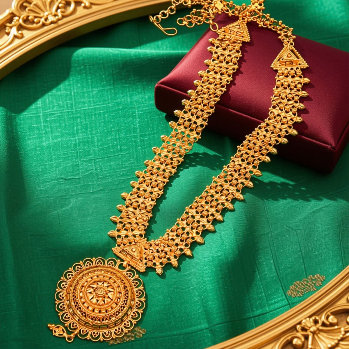 An ornate gold-toned traditional necklace with a large circular pendant, displayed on a rich green fabric surface with a dark red velvet box underneath part of it.