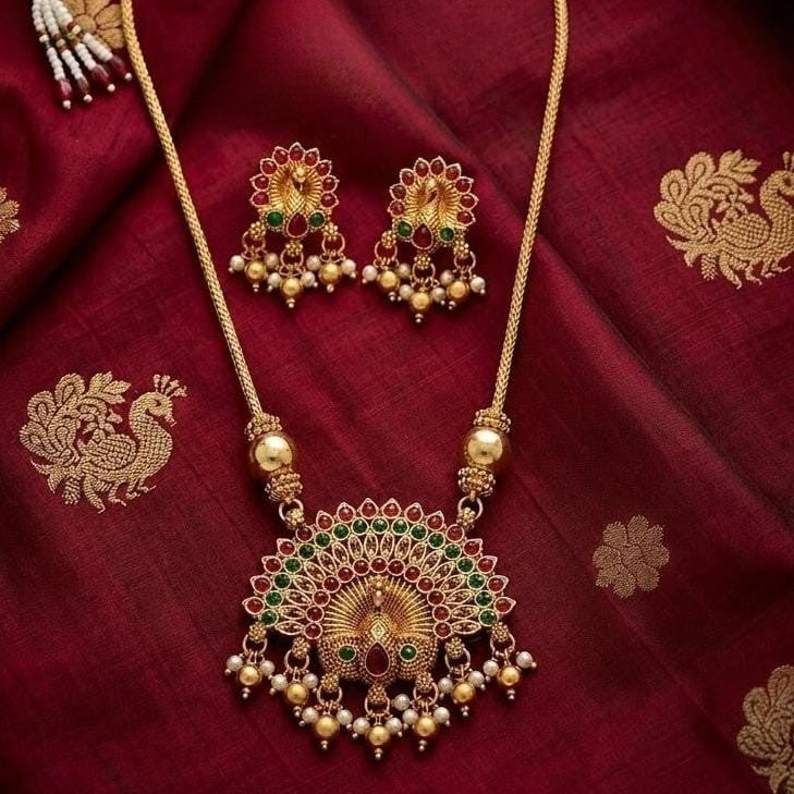 Temple Style Peacock Pendant Necklace Set | Traditional Indian Jewelry